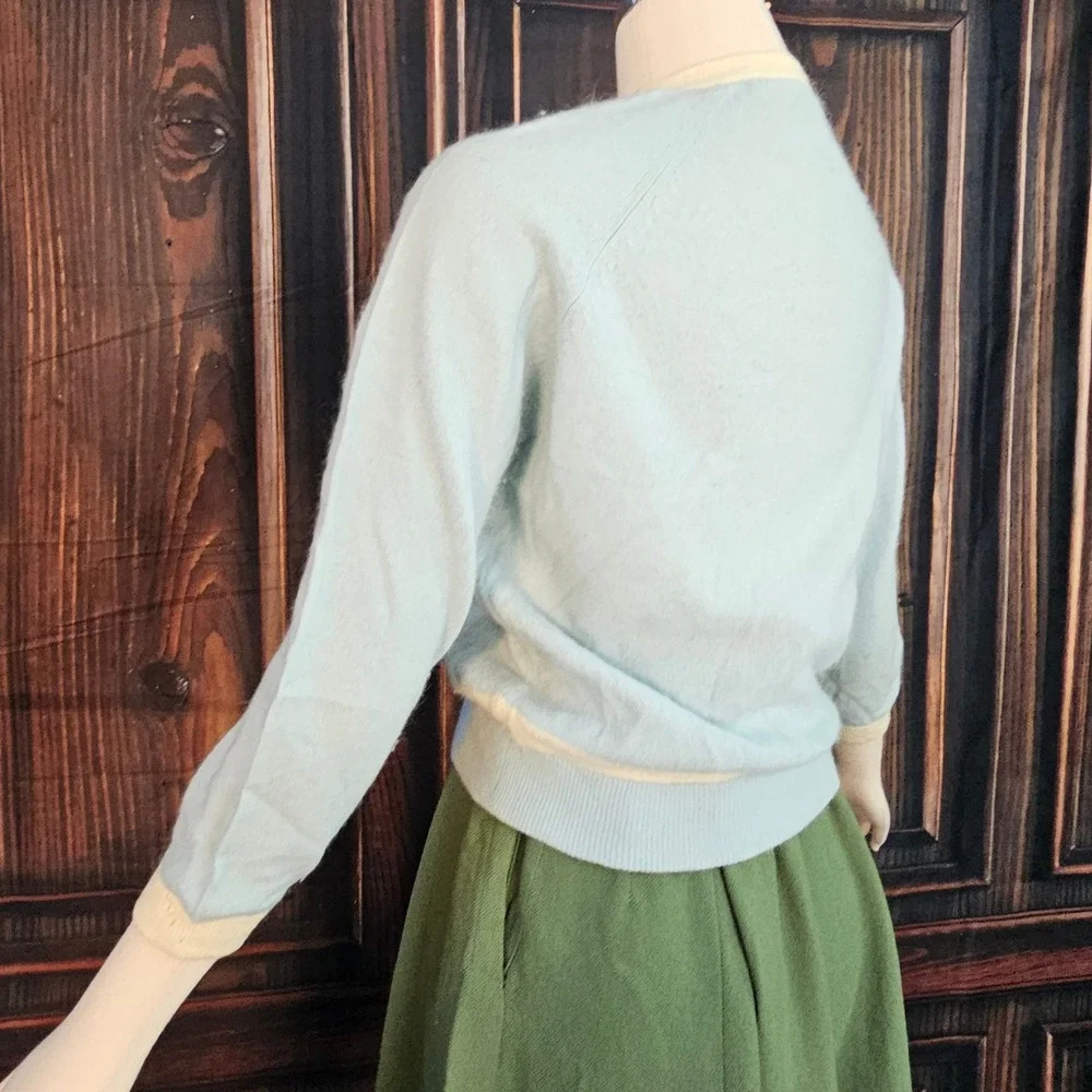Vintage 1950s Elliot Import Angora Lambswool Cardigan Blue Cream Buttons Pinup